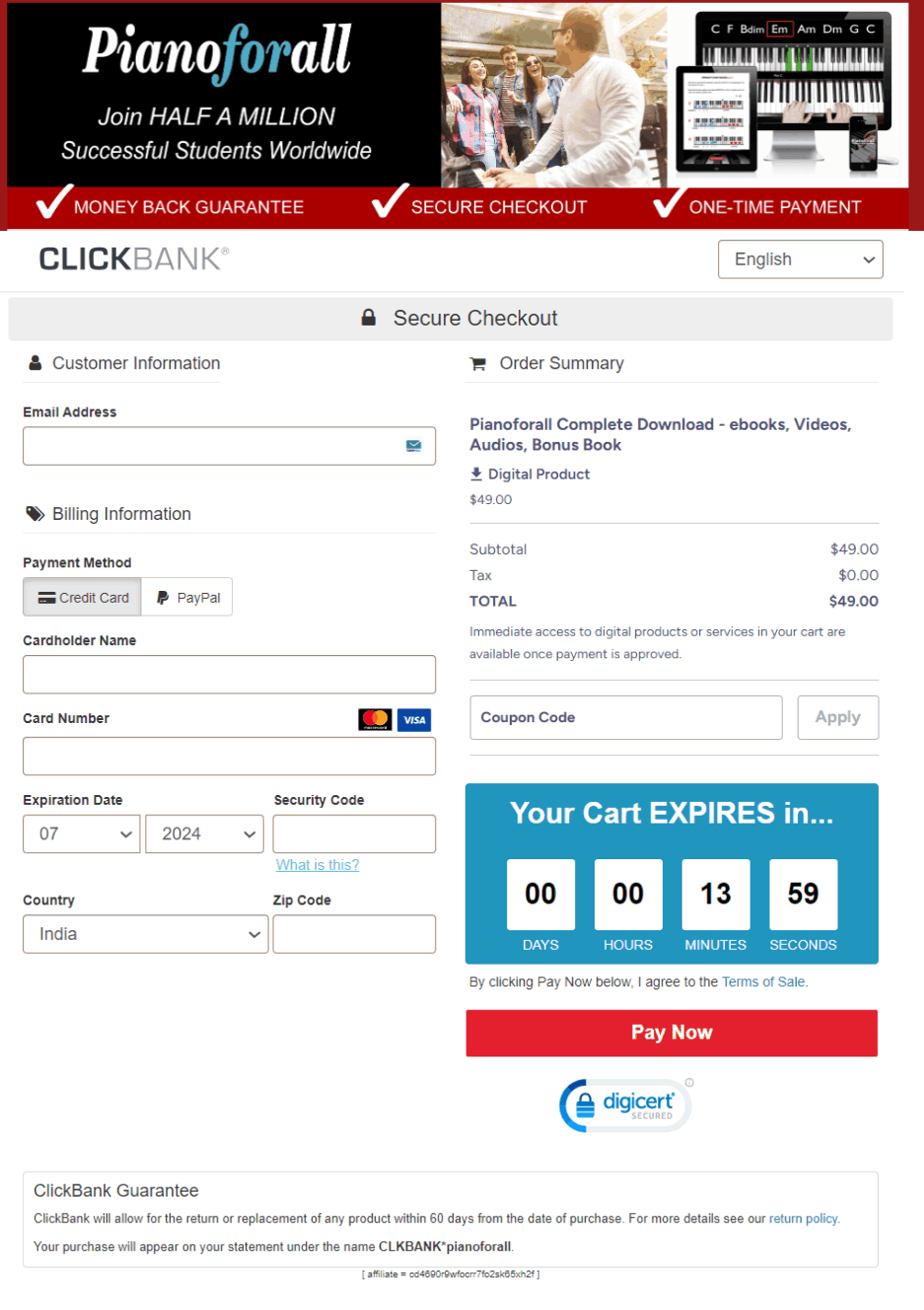The Pianoforall Checkout Page